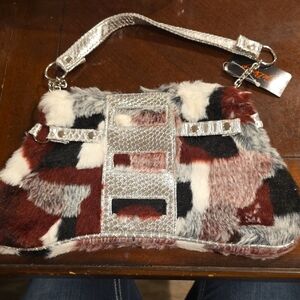(J8) Black and White Shoulder Bag with Patchwork Fur Design